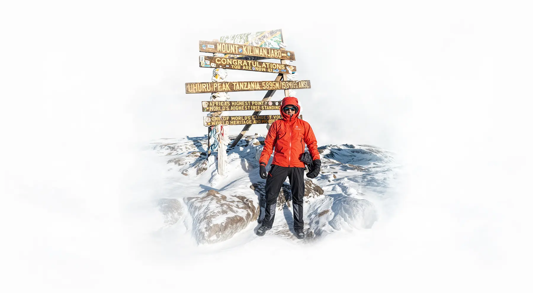Bergsteiger am Uhuru-Peak-Gipfelschild auf dem Kilimandscharo Bergsteiger am Uhuru-Peak-Gipfelschild auf dem Kilimandscharo